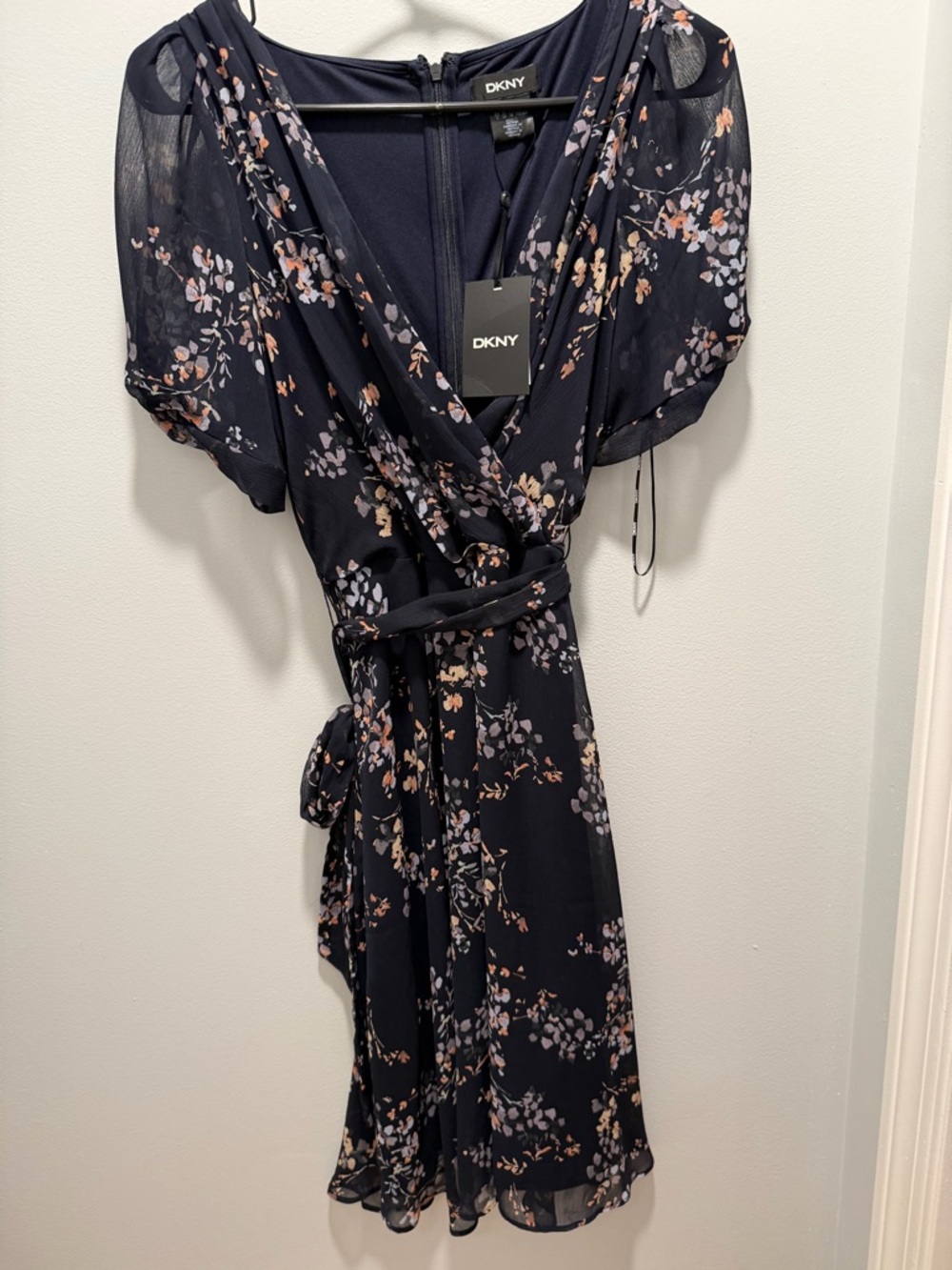 NWT DKNY Navy Floral Faux Wrap Dress
